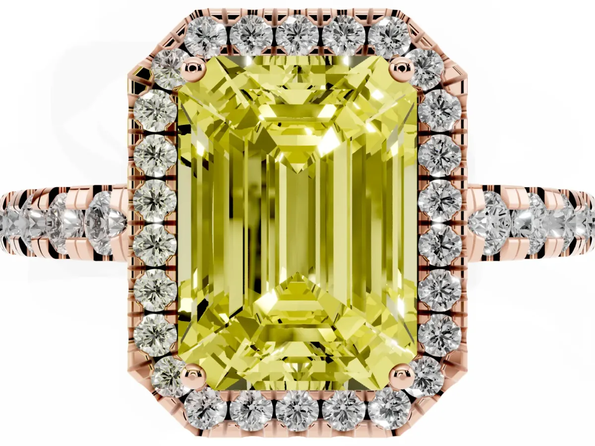 Fancy Yellow Emerald Cut Diamond Halo Ring with Pavé Band and Four-Prong Setting Rose gold