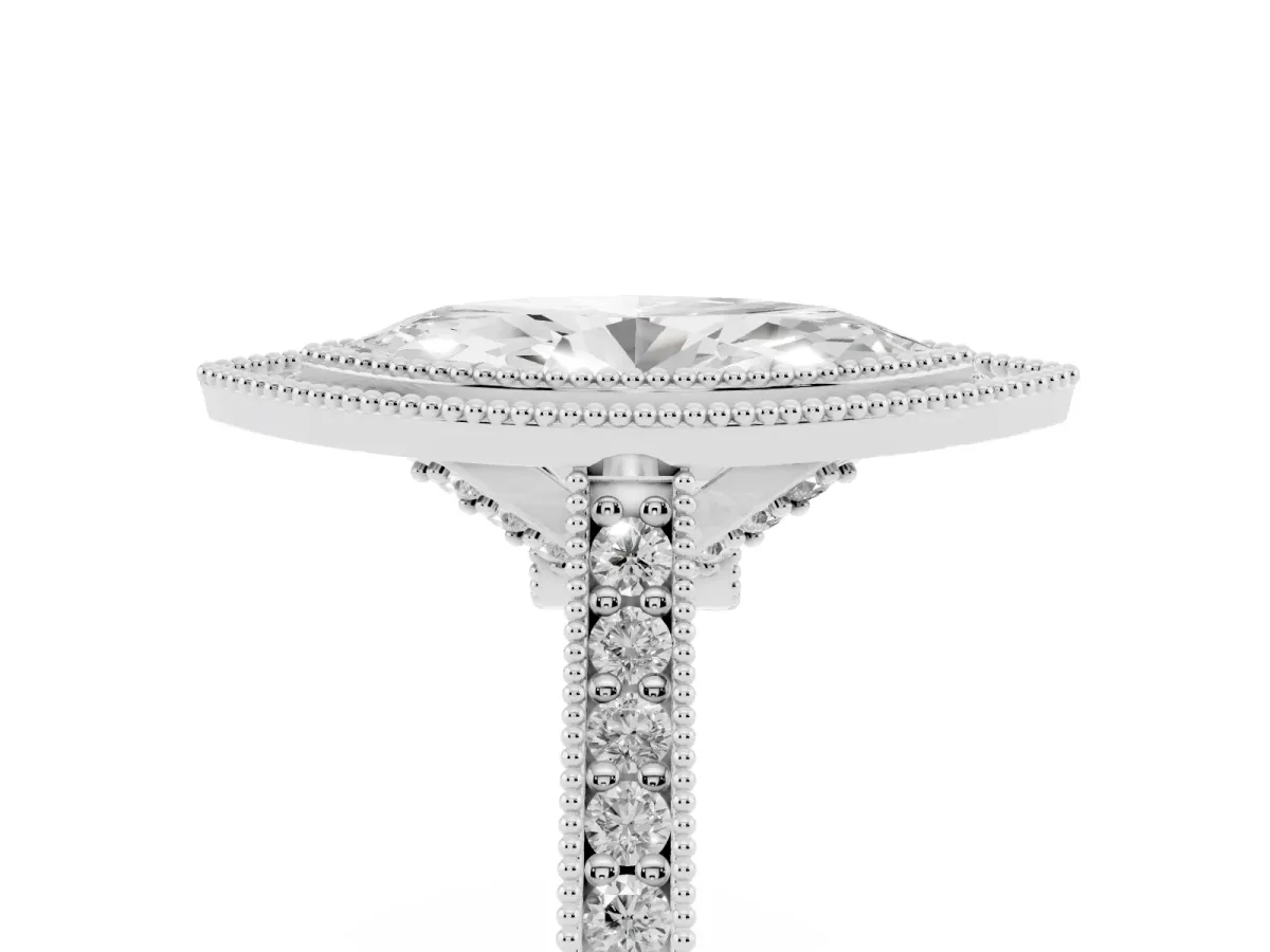 Halo Marquise Cut-Cut Diamond Pave Band Milgrain Prong Setting Ring Silver
