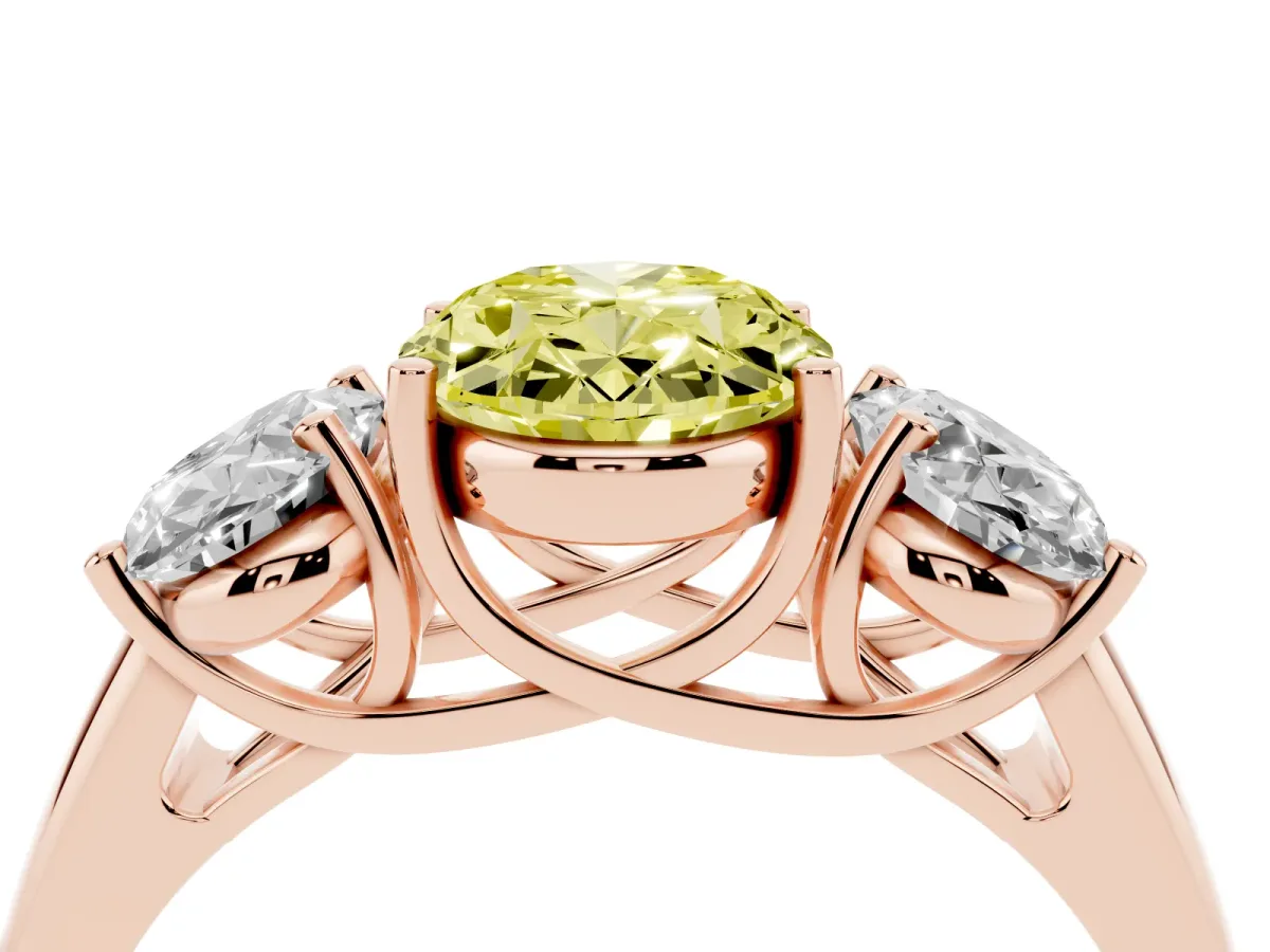 Fancy Yellow Three-Stone Oval Cut Diamond Engagement Ring with Prong Setting Rose gold