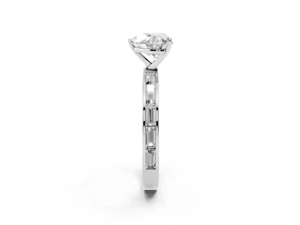 Heart Cut Solitaire Diamond Ring with Channel-Set Baguette Band and Four-Prong Setting Platinum