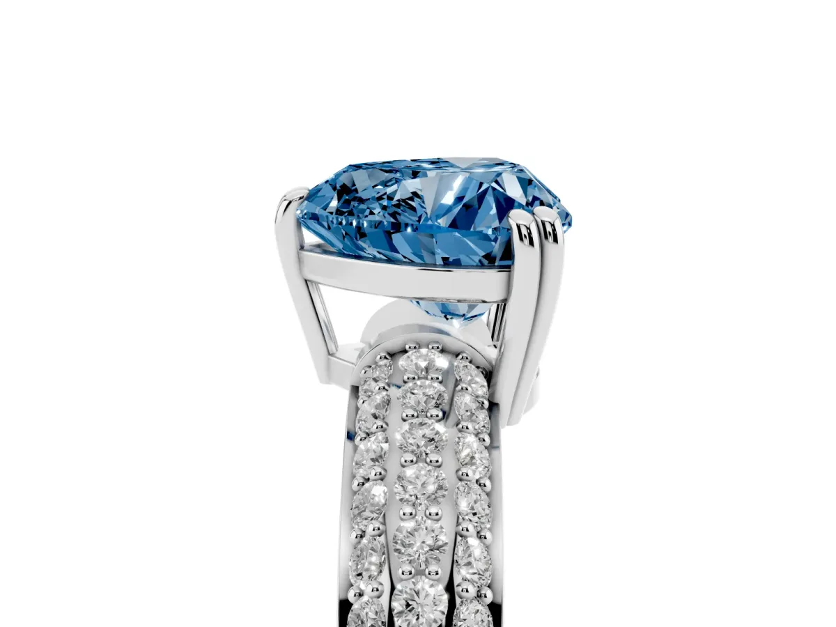Fancy Blue Heart Cut Diamond Solitaire Ring with Multi-Row Round Pavé Band and Prong Setting Silver