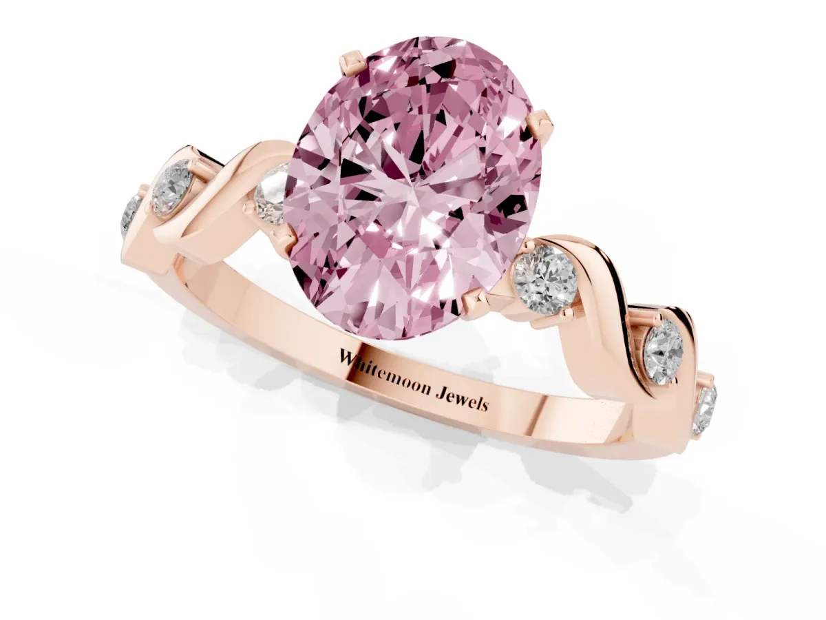 Fancy Pink Oval Cut Diamond Solitaire Twisted Band with Round Accents and Prong Setting Rose gold