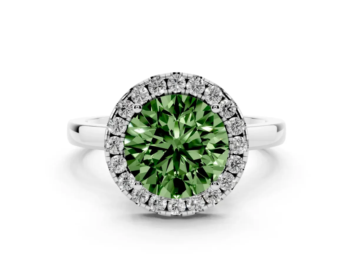 Fancy Green Round Cut Halo Diamond Solitaire with Pavé Band and Four-Prong Setting White gold