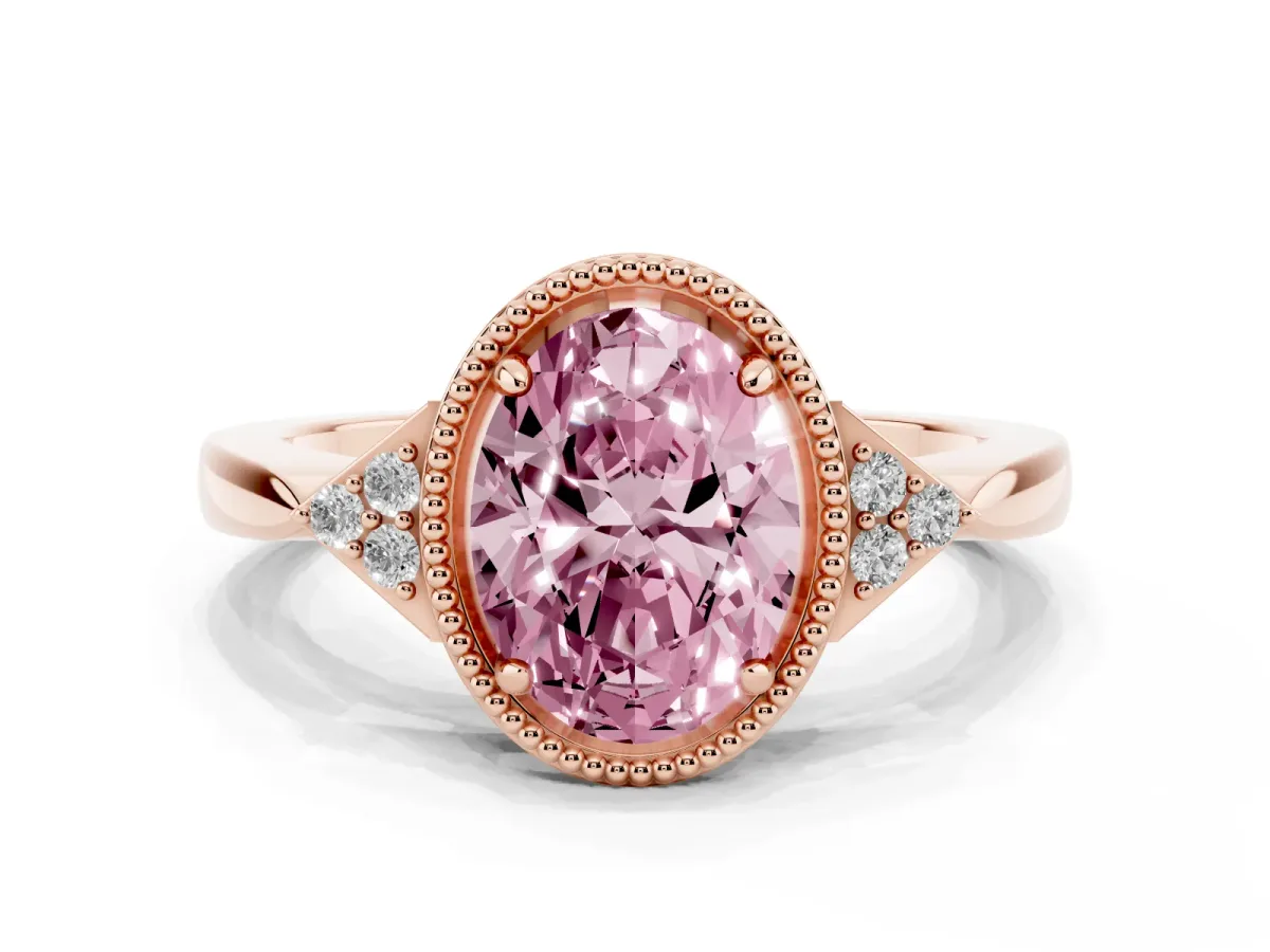 Fancy Pink Oval Cut Diamond Halo Ring with Tapered Band and Four-Prong Setting Rose gold