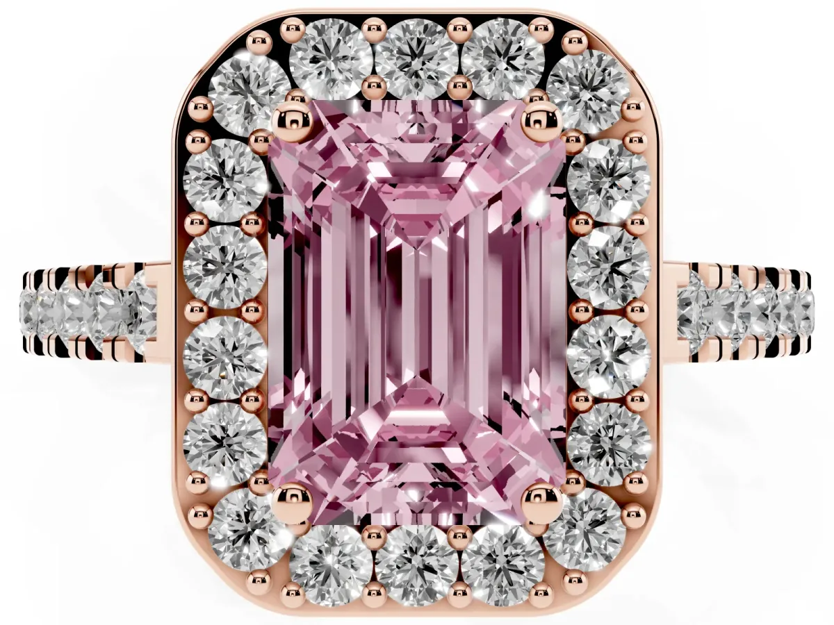 Fancy Pink Emerald Cut Diamond Halo Ring with Round Pavé Split Shank and Prong Setting Rose gold