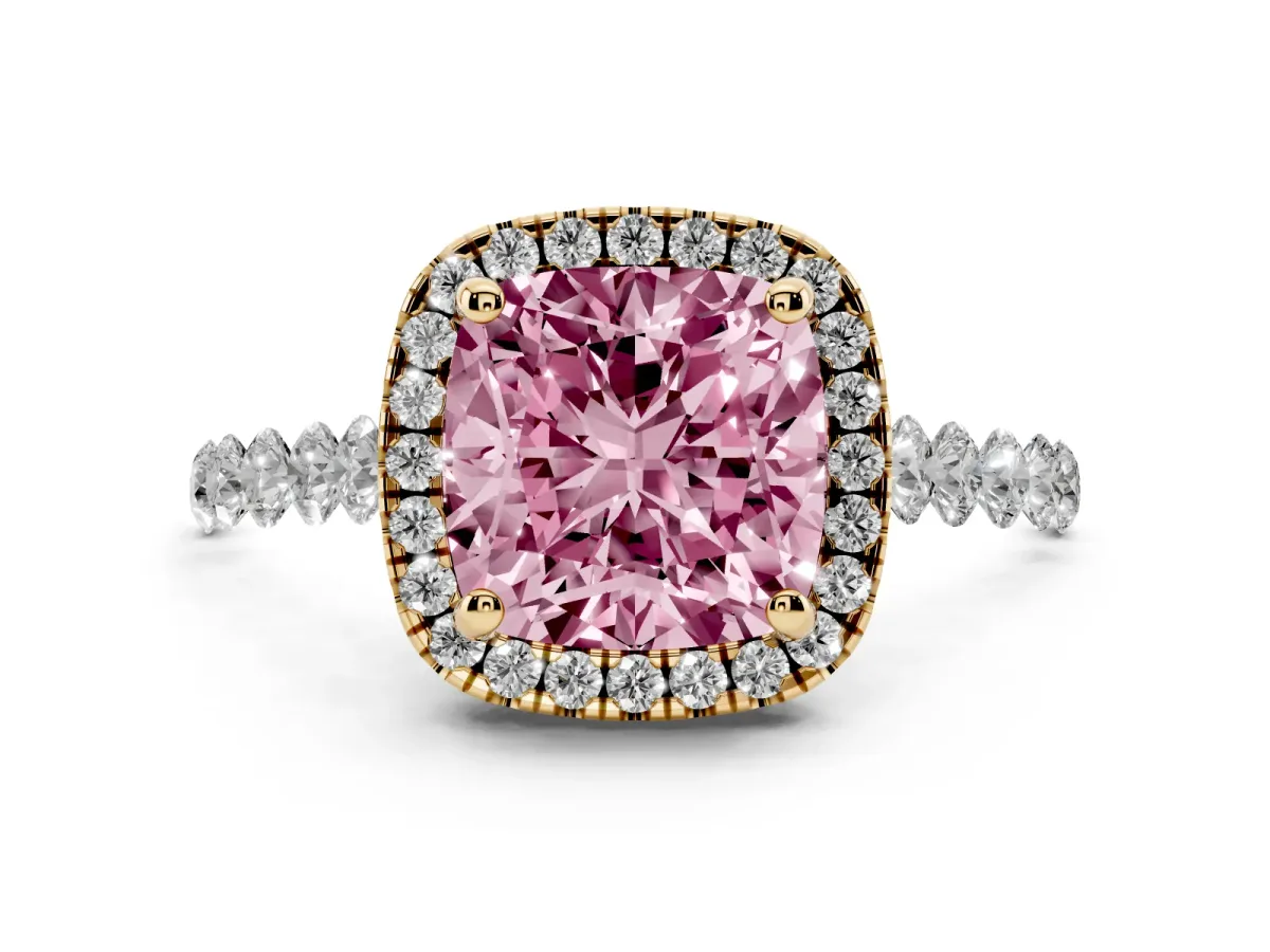 Fancy Pink Cushion Cut Halo Pavé Diamond Engagement Ring with Four-Prong Setting Yellow gold