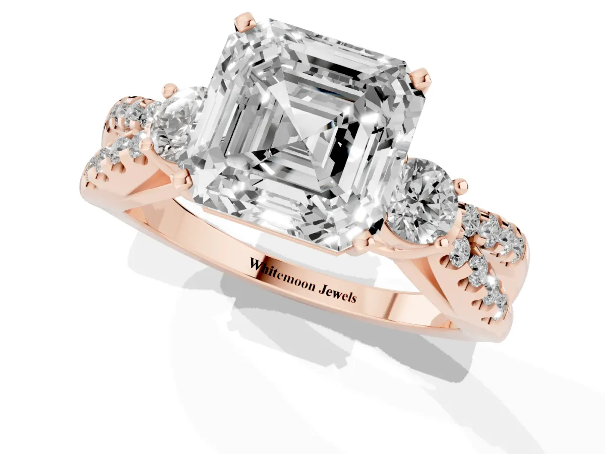 Asscher Cut Diamond Three-Stone Ring with Pavé Split Shank and Four-Prong Setting Rose gold