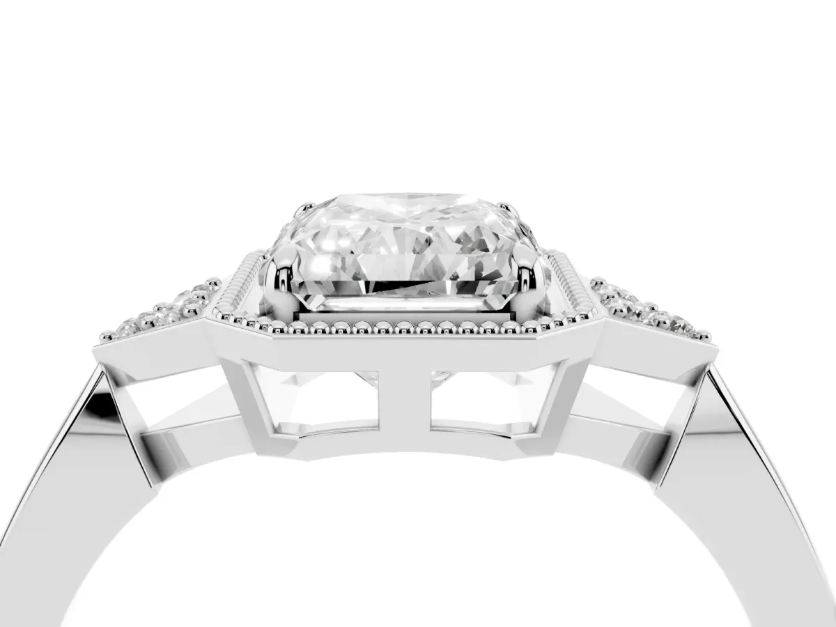 Hexagonal Halo Radiant Cut Diamond Solitaire with Pavé Band and Four-Prong Setting White gold
