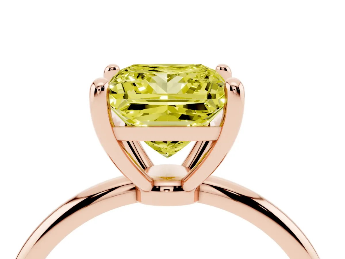 Fancy Yellow Princess Cut Solitaire Diamond Ring with 4-Prong Setting on a Classic Band Rose gold
