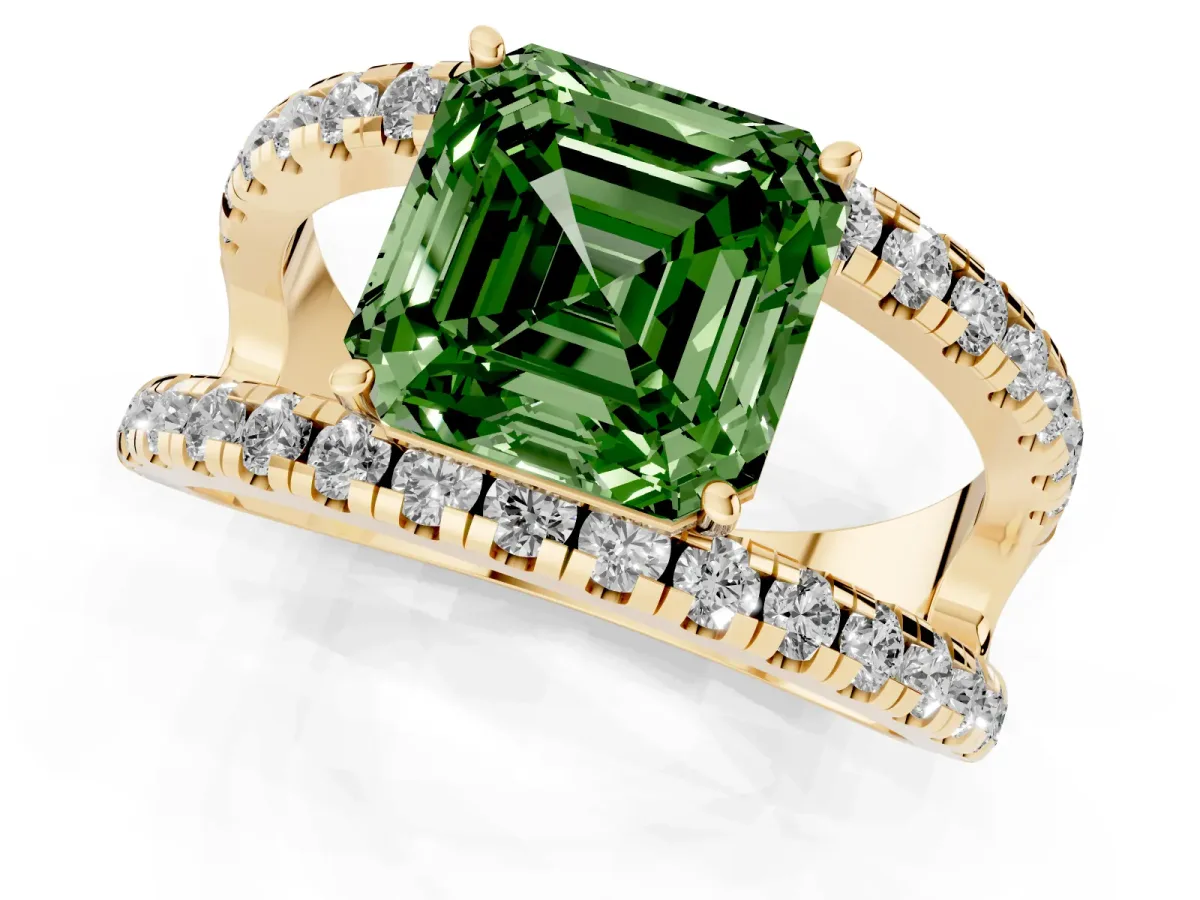 Fancy Green Asscher Cut Solitaire Split Shank Pave Diamond Ring Yellow gold