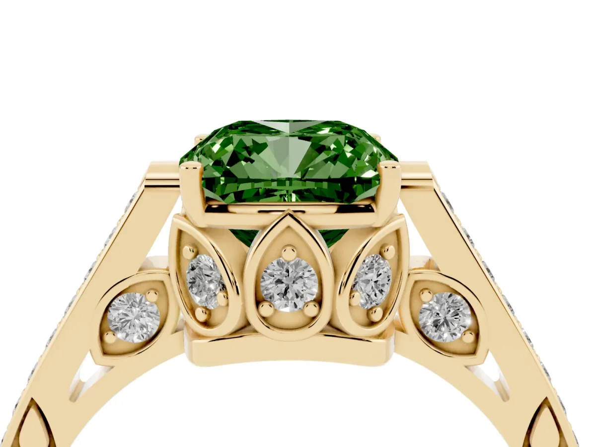 Fancy Green Cushion Cut Cut Cathedral Pave Diamond Engagement Ring with Six-Prong Setting Yellow gold