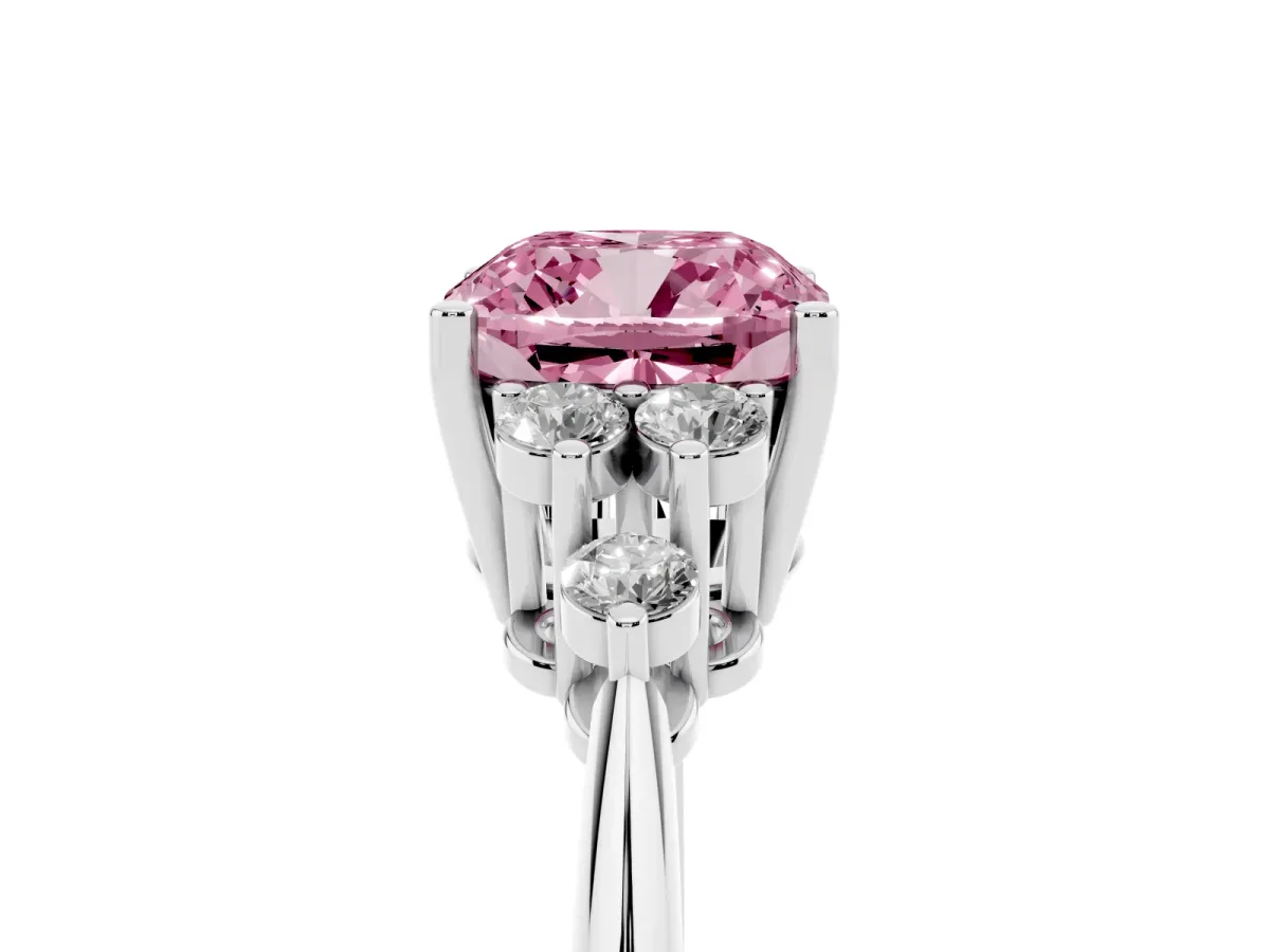 Fancy Pink Cushion Cut Cut Diamond Cluster Ring with Solitaire Band and Four-Prong Setting Silver