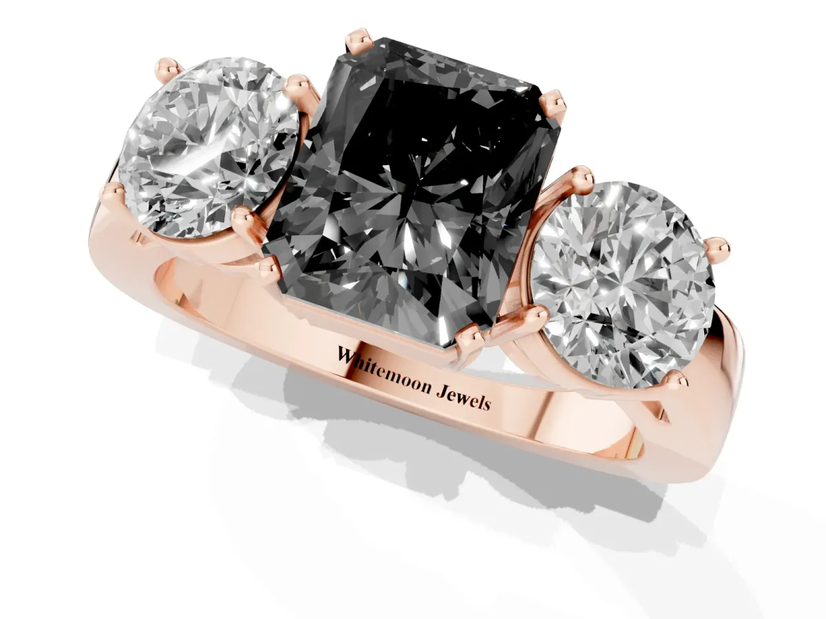Fancy Black Three-Stone Radiant Cut Diamond Ring with Round Side Stones, Classic Band, and Four-Prong Setting Rose gold
