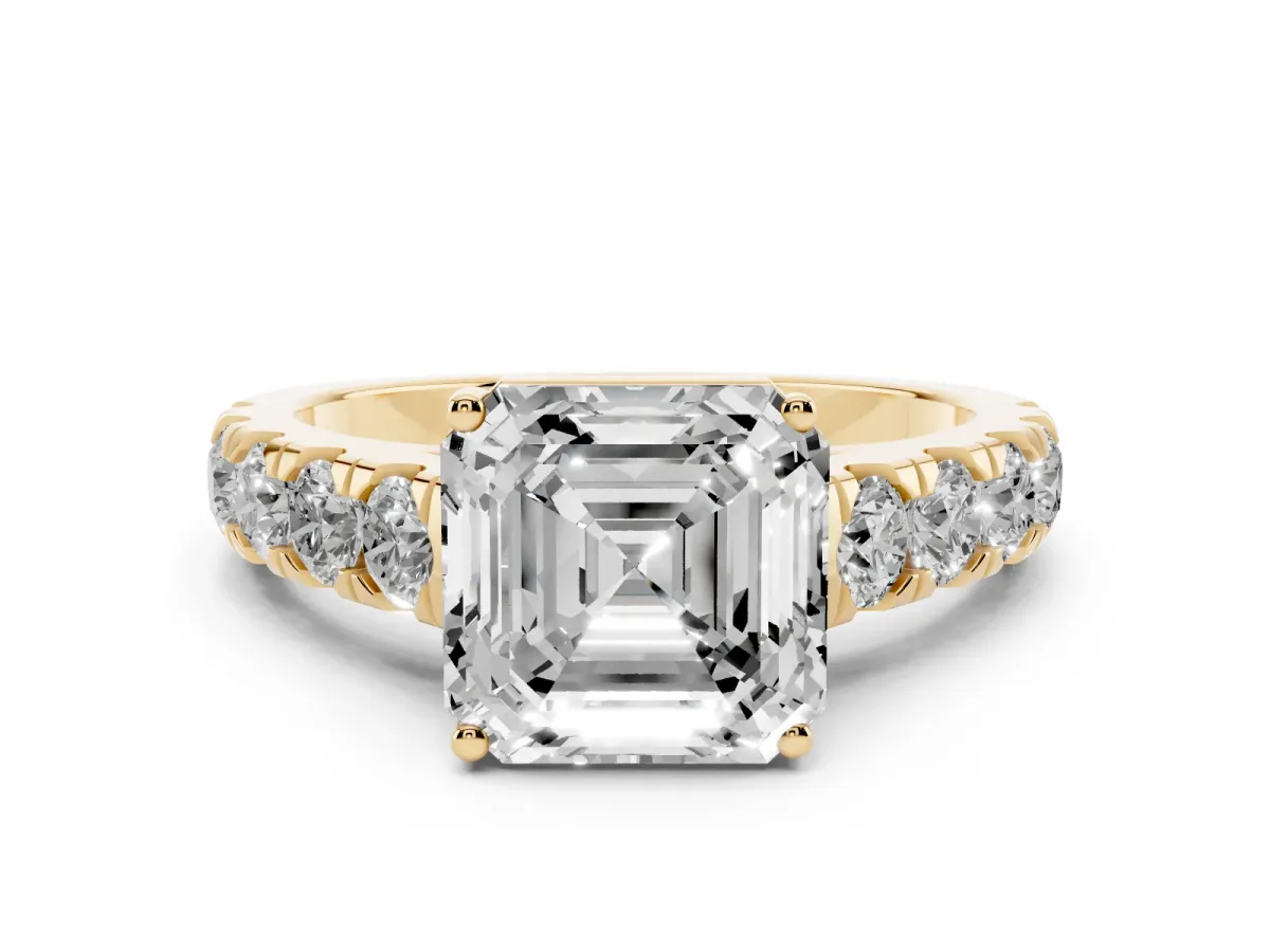 Asscher Cut Cut Diamond Solitaire Ring with Micro Pave Band and Prong Setting Yellow gold