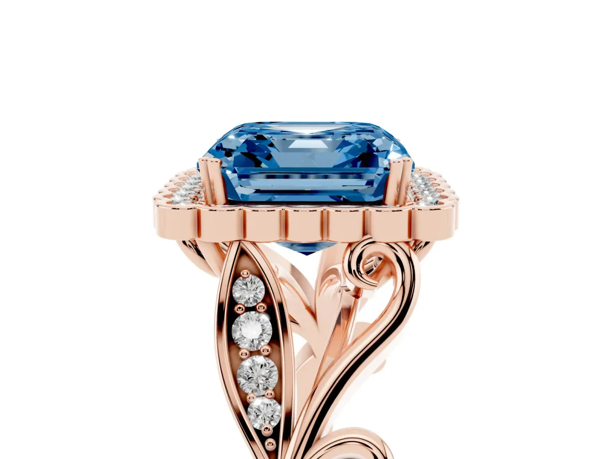 Fancy Blue Asscher Cut Diamond Halo Ring with Vintage Split Shank and Four-Prong Setting Rose gold