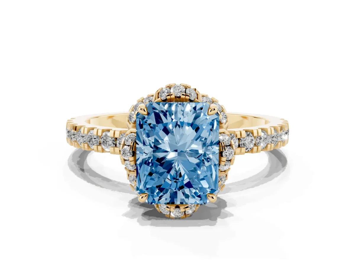 Fancy Blue Radiant Cut Halo Diamond Pave Band Ring with Four-Prong Setting Yellow gold