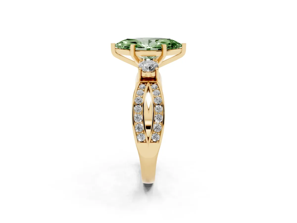Fancy Green Three-Stone Marquise Cut Cut Diamond Twist Band with Prong Setting Yellow gold