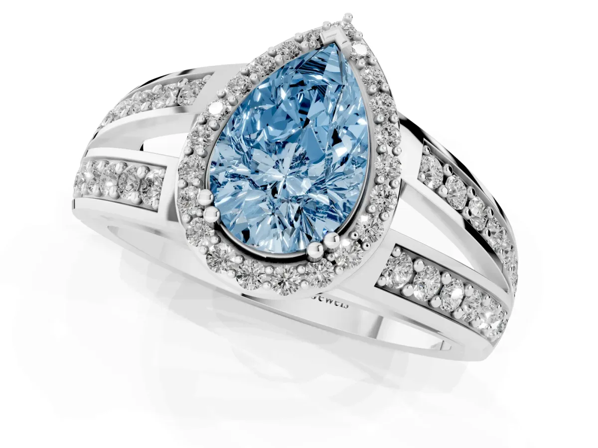 Fancy Blue Pear Cut Diamond Halo Ring with Split Shank Pavé Band and Four-Prong Setting White gold