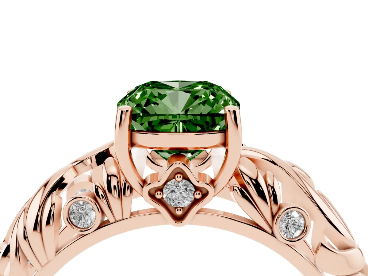 Fancy Green Cushion Cut Solitaire Diamond Leaf-Inspired Vine Band Ring with Prong Setting Rose gold