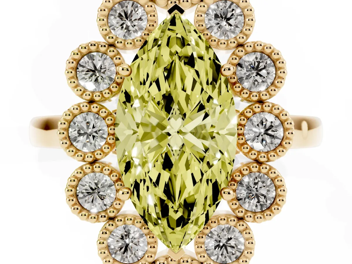 Fancy Yellow Marquise Cut Halo Diamond Cluster Engagement Ring with Milgrain Bezel Setting and Solitaire Band Yellow gold