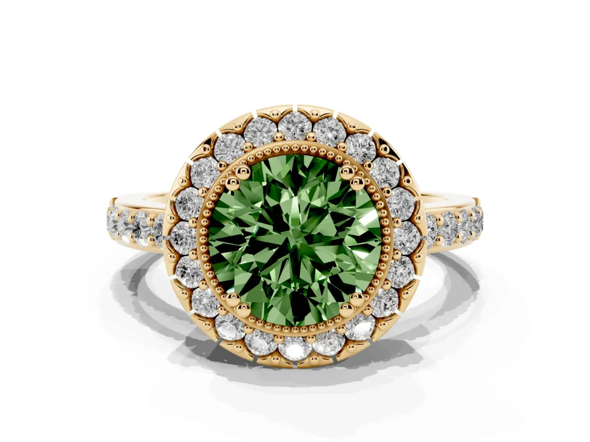 Fancy Green Round Cut Diamond Halo Ring with Pavé Band and Prong Setting Yellow gold