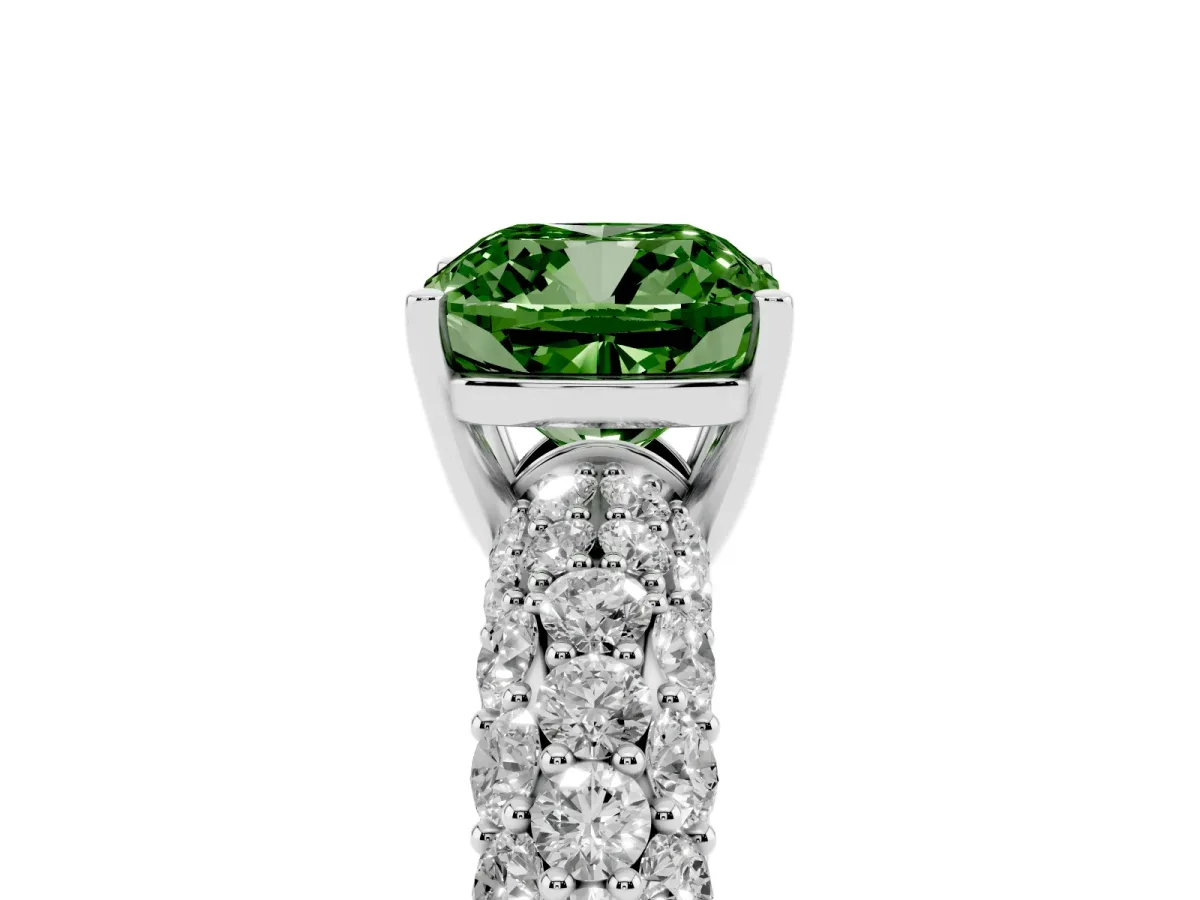 Fancy Green Cushion Cut Diamond Pavé Band Solitaire Ring with Four-Prong Setting Silver