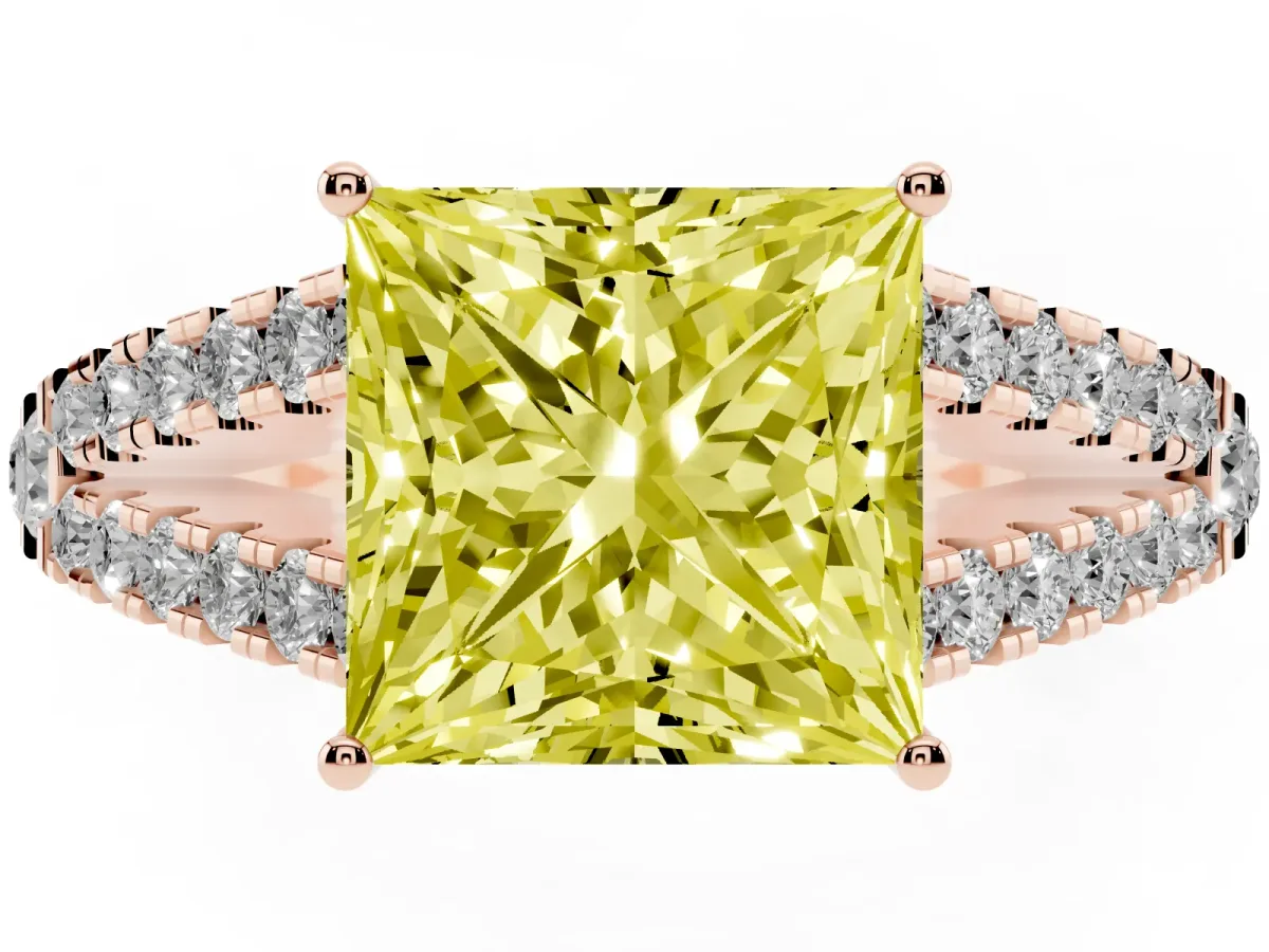 Fancy Yellow Princess Cut Diamond Split Shank Engagement Ring with Round Pavé and Prong Setting Rose gold