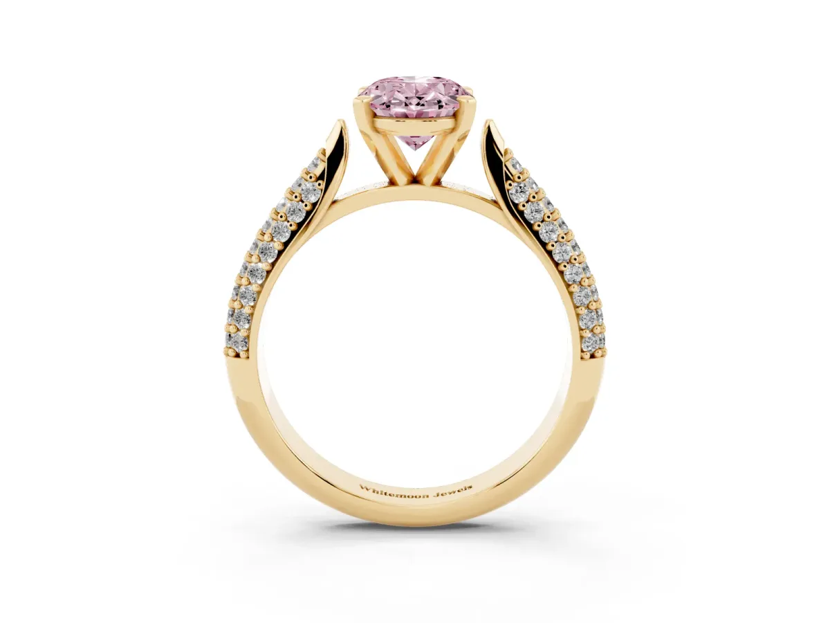 Fancy Pink Oval Cut Diamond Solitaire Engagement Ring with Multi-Row Round Pavé Band and Prong Setting Yellow gold