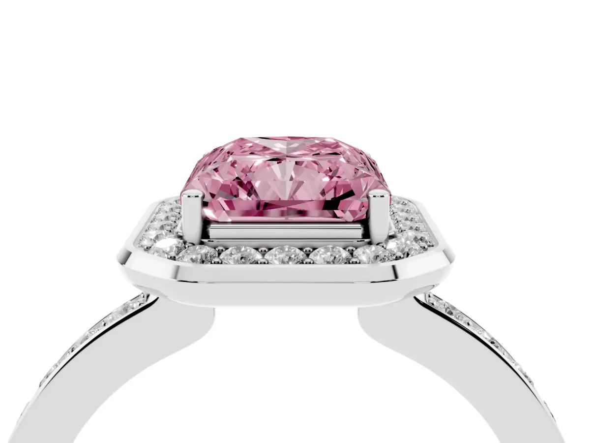 Fancy Pink Radiant Cut Diamond Halo Ring with Bezel Frame and Pavé Band Silver