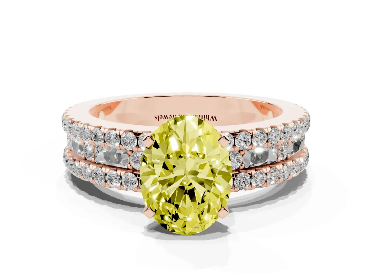 Fancy Yellow Oval Cut Diamond Solitaire Ring with Pavé and Channel Set Band Rose gold