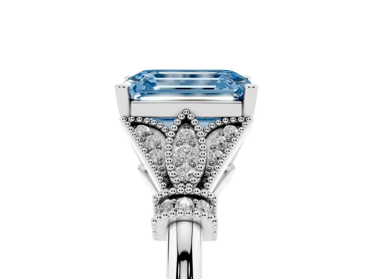 Fancy Blue Emerald Cut Diamond Solitaire Ring with Floral Filigree and Pave Accents White gold