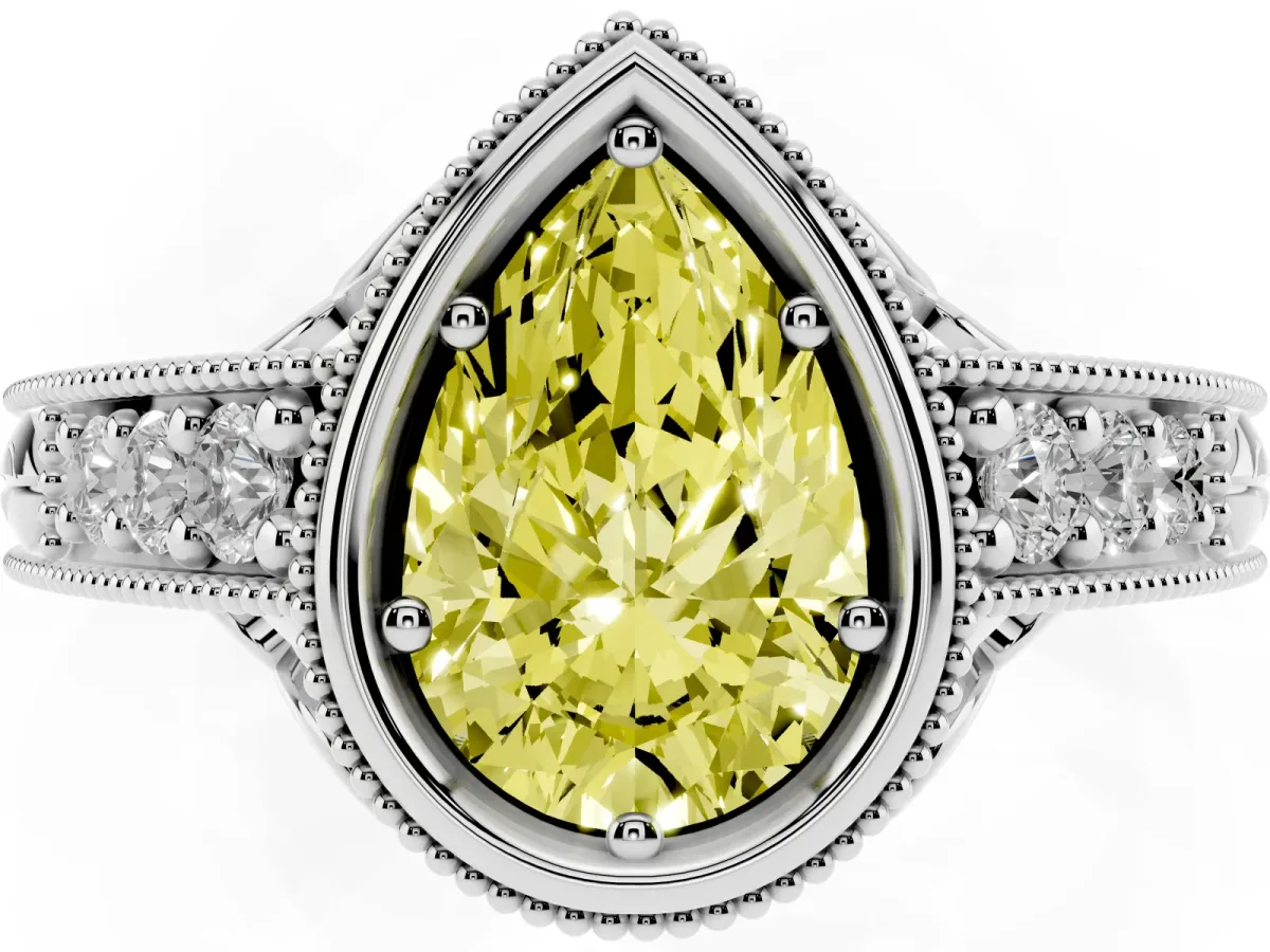 Fancy Yellow Bezel Set Pear Cut Diamond Milgrain Pave Engagement Ring Platinum