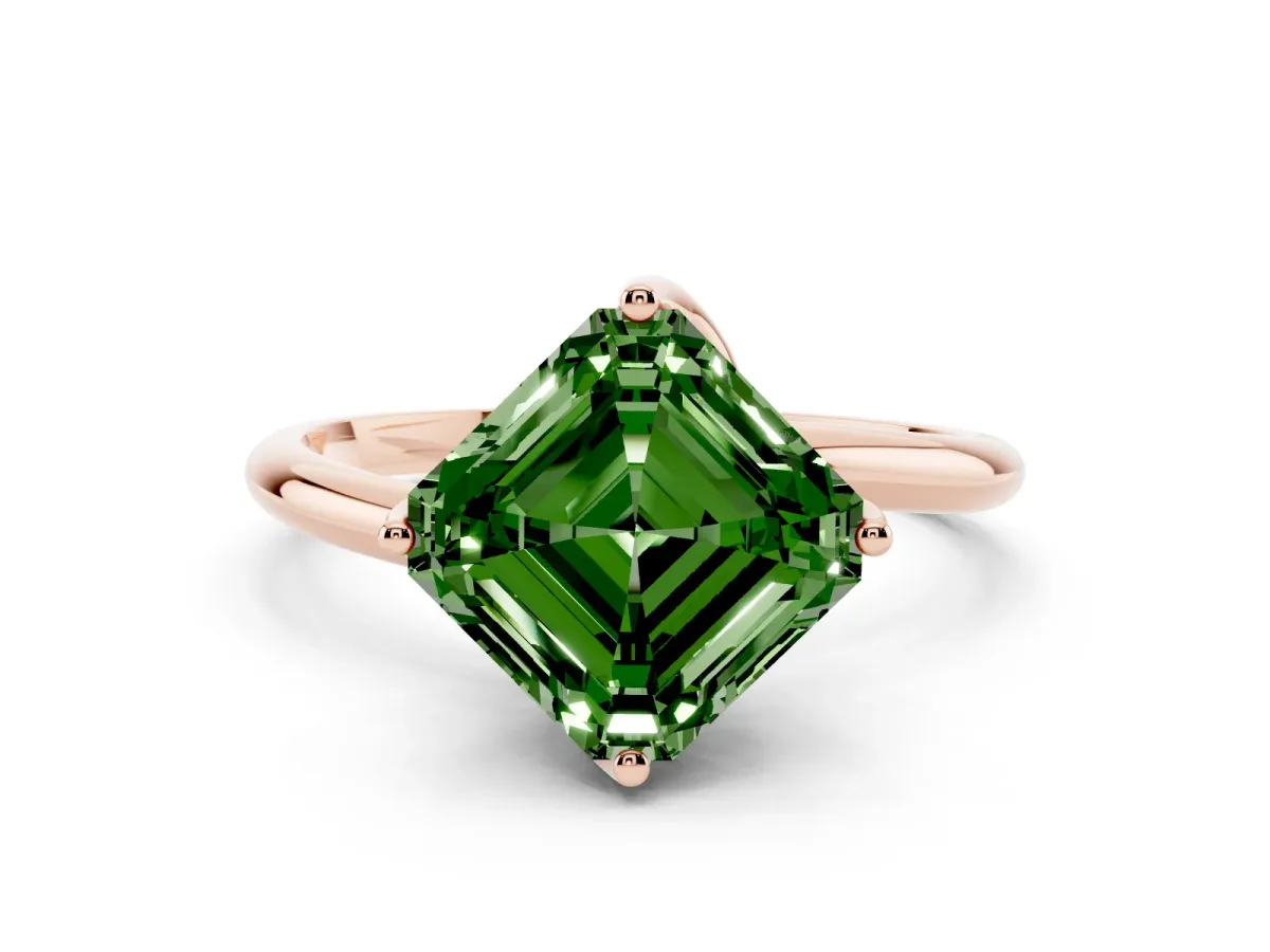 Fancy Green Asscher Cut Diamond Solitaire Engagement Ring with Four-Prong Setting and Classic Band Rose gold
