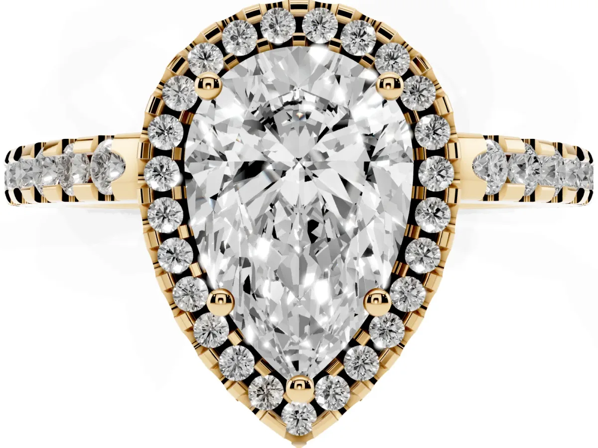 Pear Cut Diamond Halo Engagement Ring with Pavé Band and Prong Setting Yellow gold