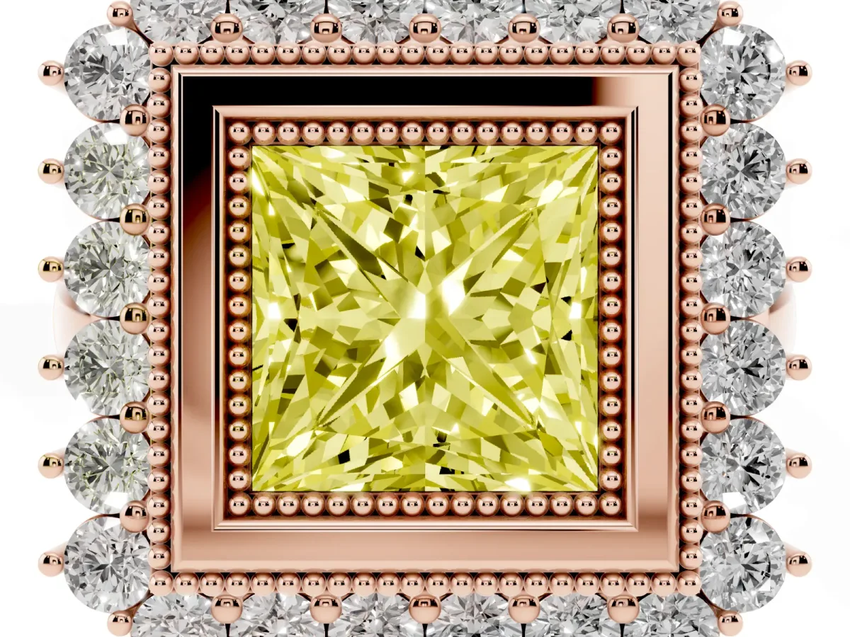 Fancy Yellow Princess Cut Halo Diamond Ring with Milgrain Edge and Round Prong Setting Rose gold