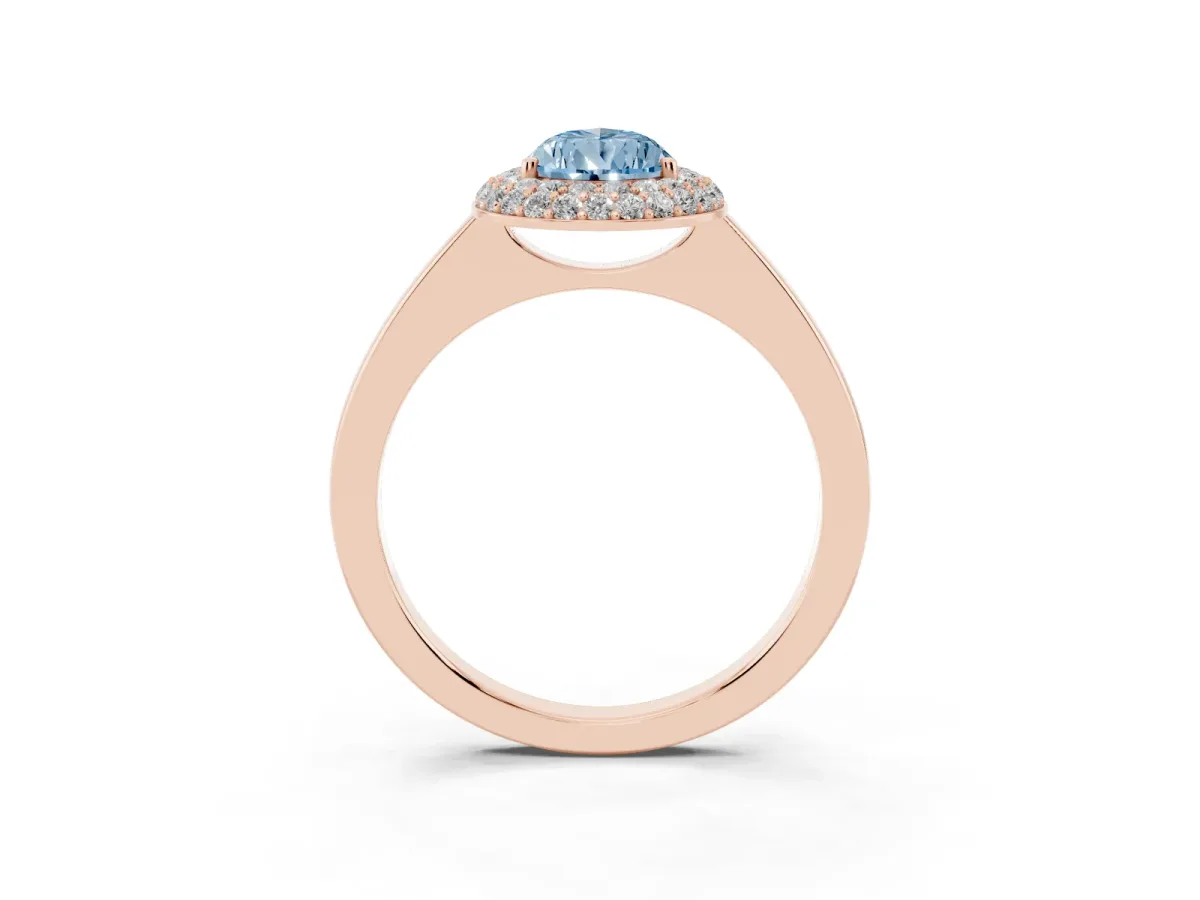 Fancy Blue Pear Cut Halo Diamond Engagement Ring with Solitaire Band and Four-Prong Setting Rose gold