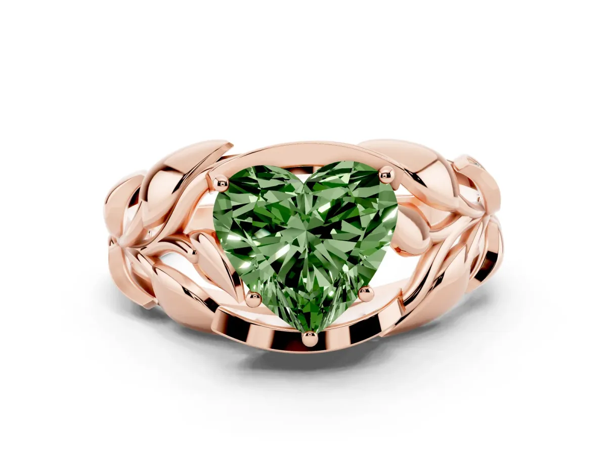 Fancy Green Heart Cut Diamond Leaf-Inspired Engagement Ring with Round Accents and Prong Setting Rose gold