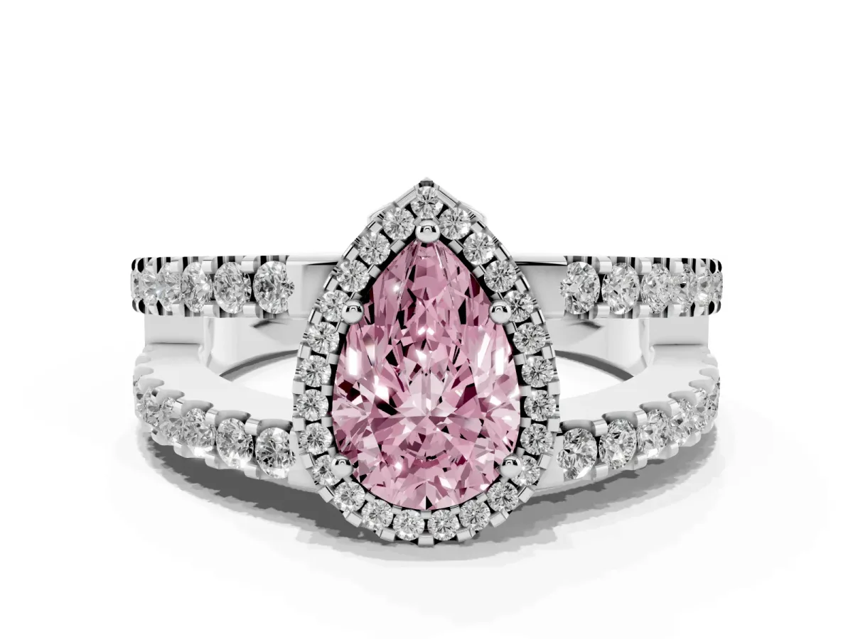 Fancy Pink Pear Cut Cut Halo Split Shank Diamond Ring with Four-Prong Setting Platinum