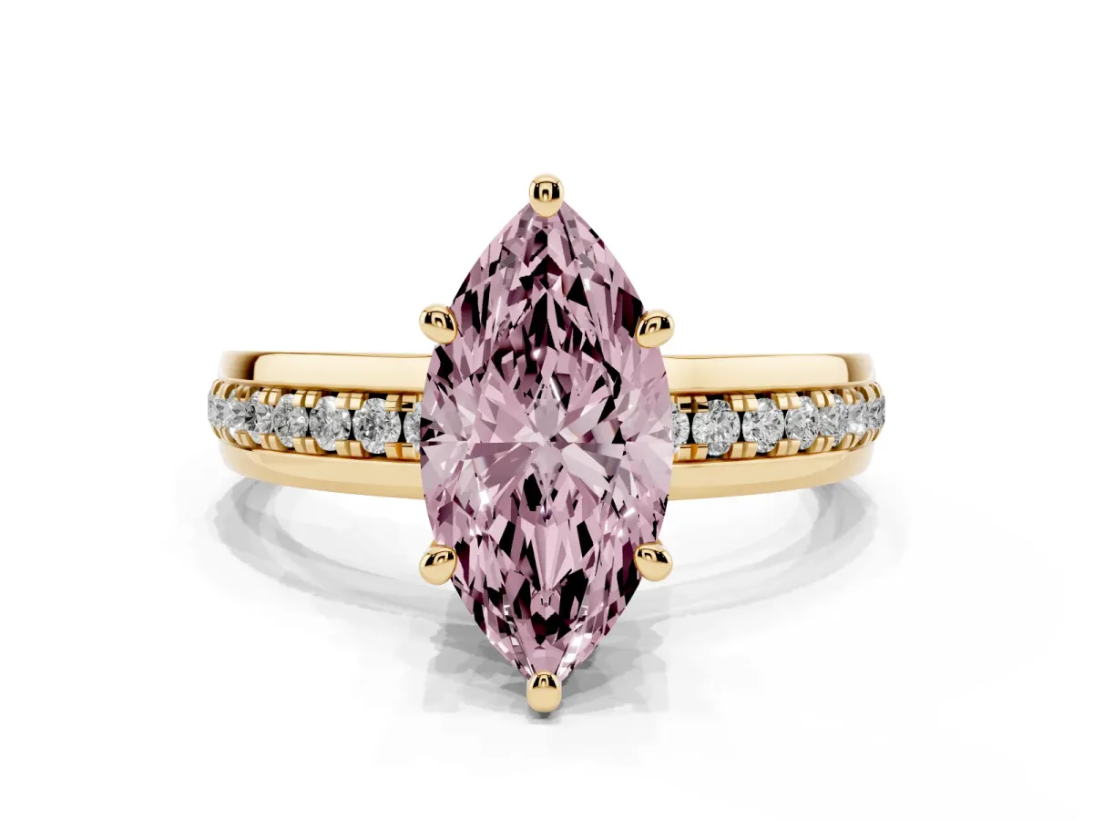 Fancy Pink Marquise Cut Solitaire Diamond Ring with Channel Set Band and Six-Prong Setting Yellow gold