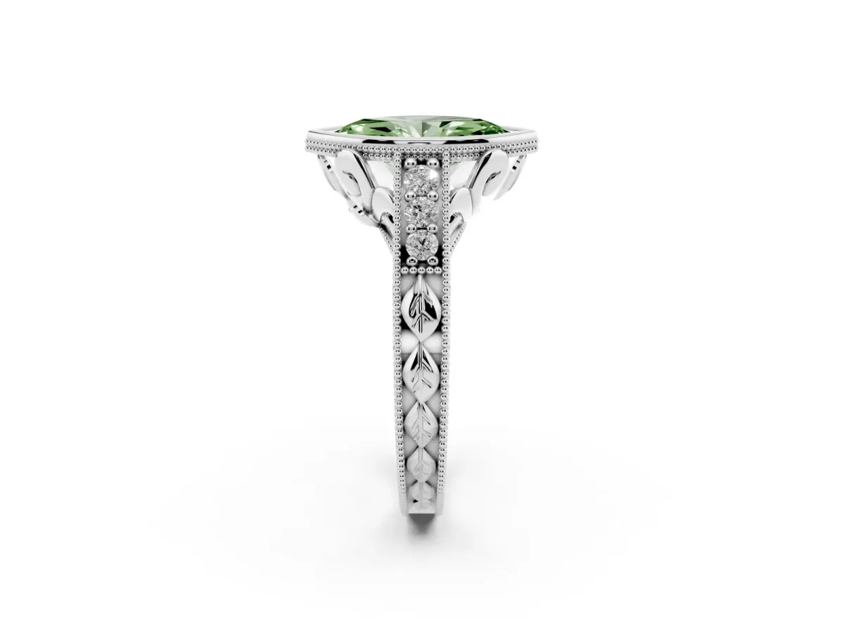 Fancy Green Bezel Set Marquise Cut Diamond Milgrain Pave Engagement Ring Silver