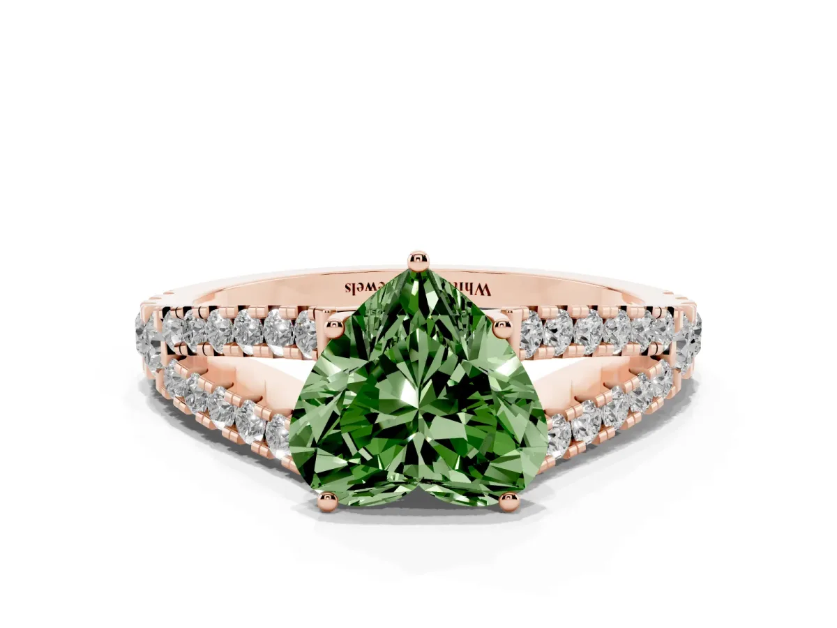 Fancy Green Heart Cut Diamond Split Shank Engagement Ring with Round Pavé and Prong Setting Rose gold