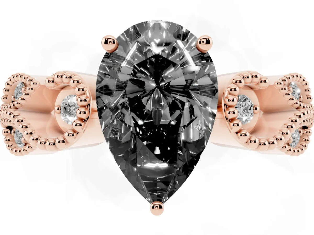 Fancy Black Pear Cut Solitaire Milgrain Leaf Band with Prong Setting Rose gold
