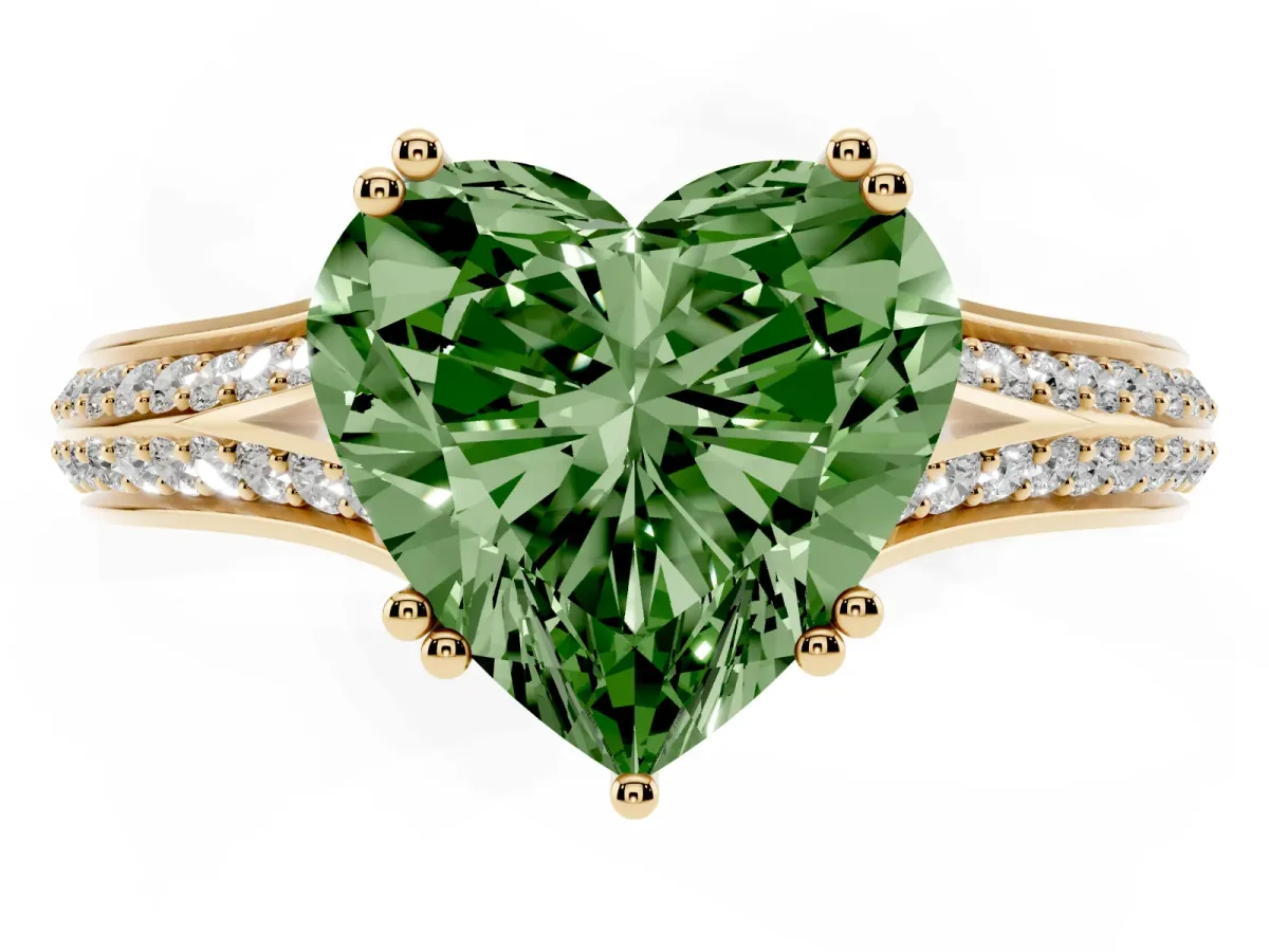 Fancy Green Heart Cut Diamond Split Shank Engagement Ring with Pavé Band Yellow gold