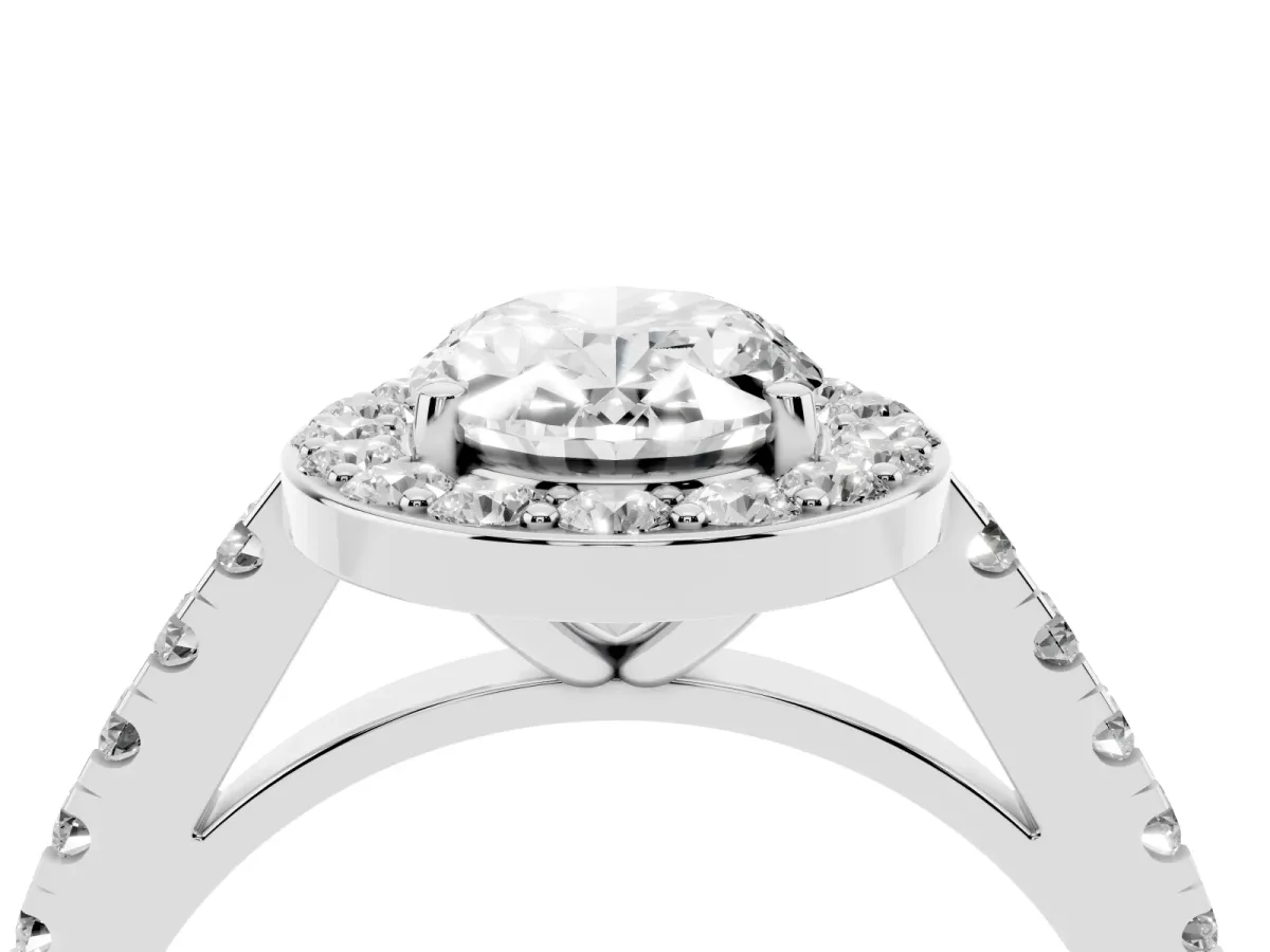 Oval Cut Diamond Halo Ring with Round Pavé Split Shank and Prong Setting White gold