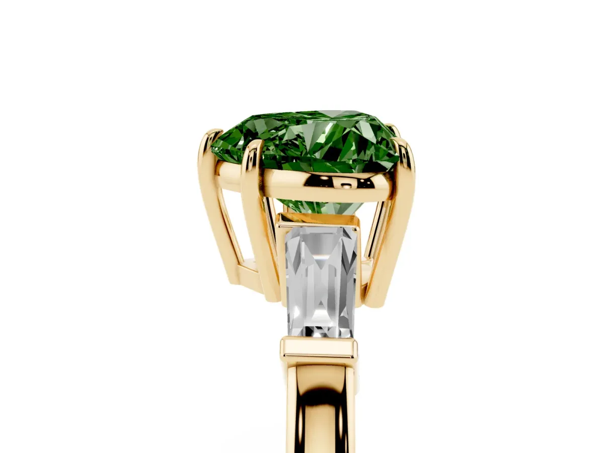 Fancy Green Heart Cut Diamond Three-Stone Ring with Tapered Baguette Side Stones and Prong Setting Yellow gold