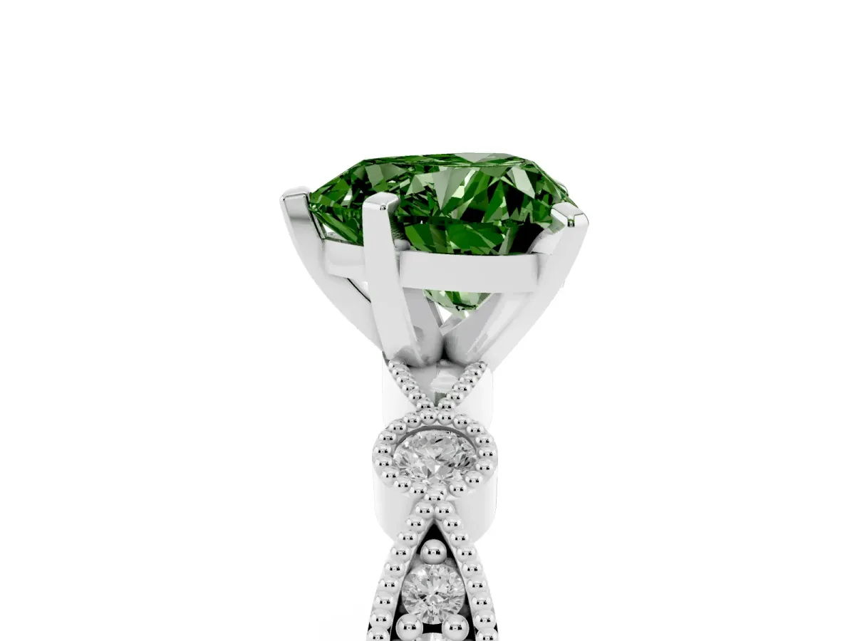 Fancy Green Heart Cut Milgrain Bezel Diamond Engagement Ring with Solitaire Prong Setting Silver