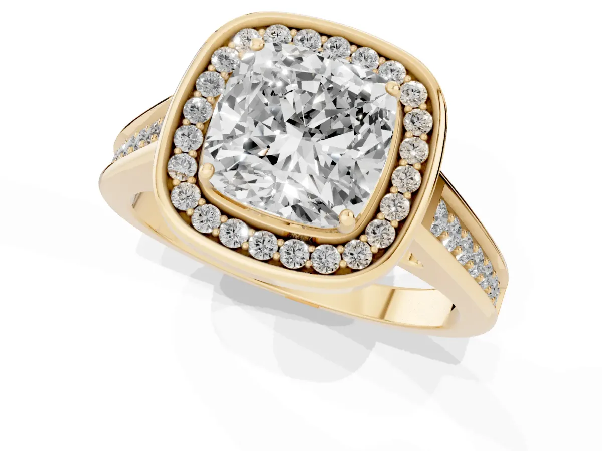 Cushion Cut Halo Solitaire Diamond Ring with Pave Band and Bezel Setting Yellow gold