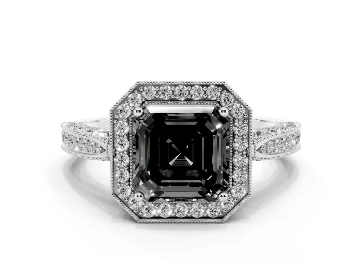 Fancy Black Asscher Cut Halo Diamond Engagement Ring with Split Shank Band and Four-Prong Setting Platinum