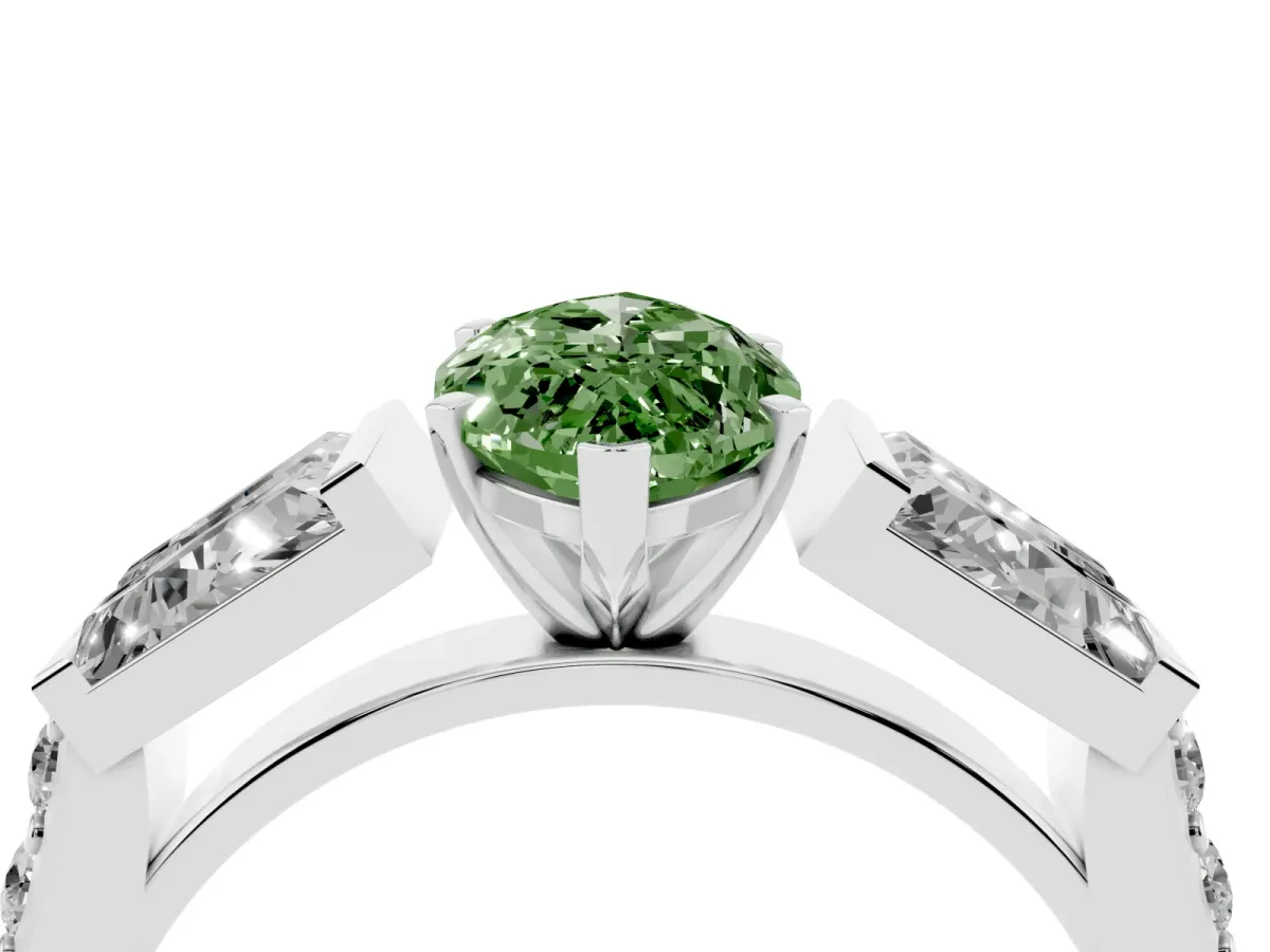 Fancy Green Marquise Cut Diamond Engagement Ring with Baguette Side Stones and Channel Set Band Silver