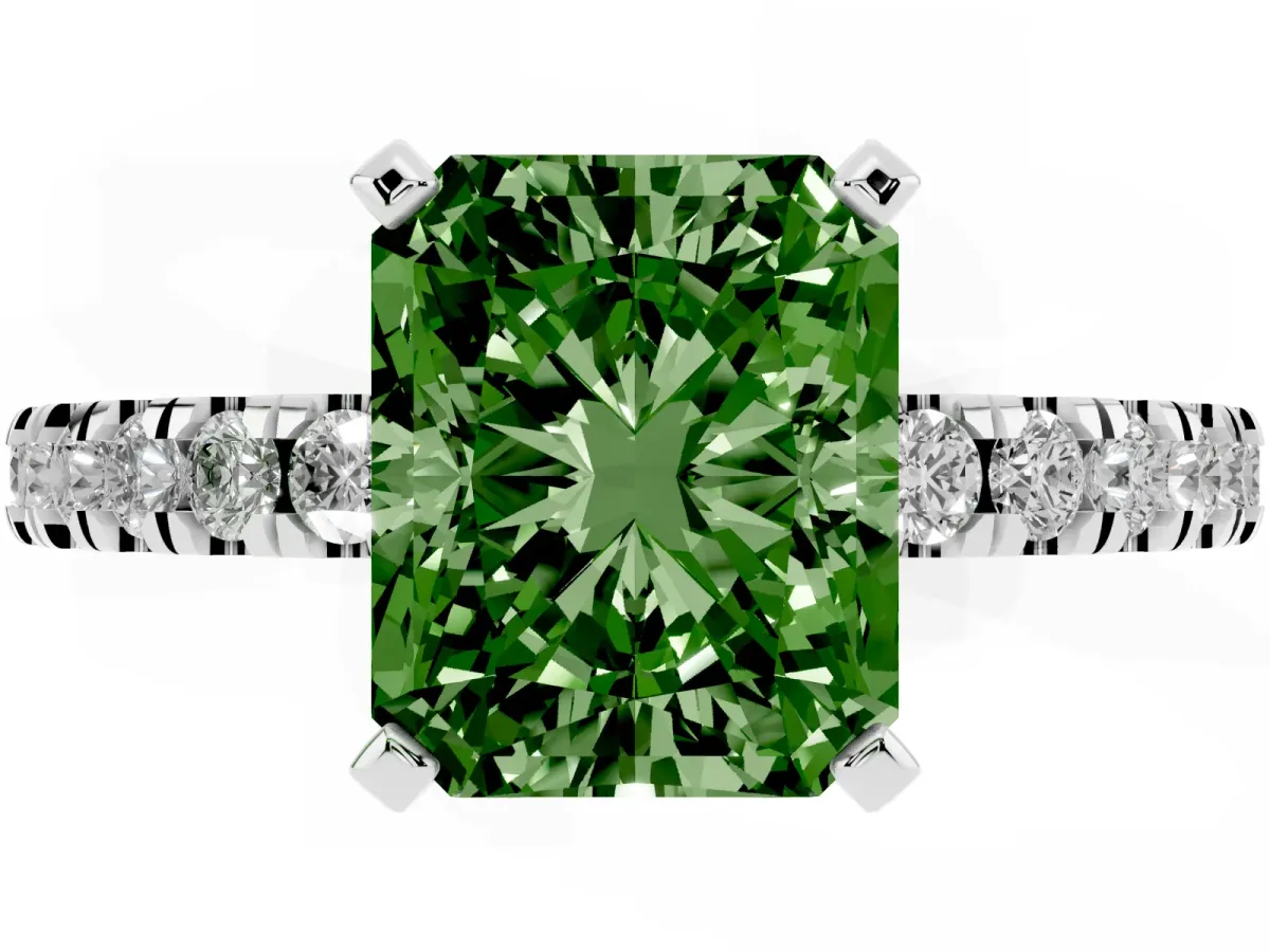 Fancy Green Radiant Cut Solitaire Diamond with Pavé Band and Four-Prong Setting White gold